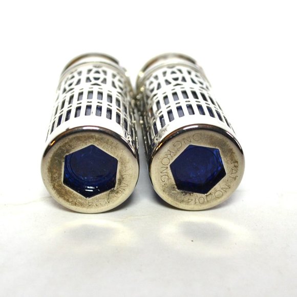 Vintage Salt And Pepper Shakers Metal Outer Blue Cobalt Glass Inner Table Decor - Picture 4 of 5